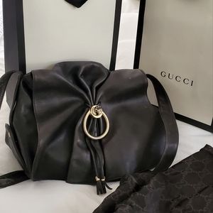Vintage Gucci Black Leather Bag w/Gathered Flap & Tiger Head SERIAL #1112